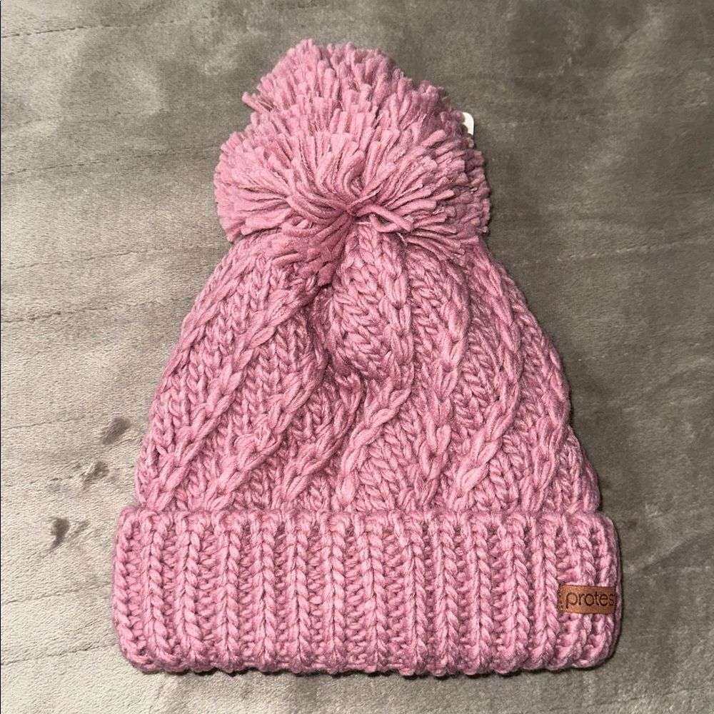 ASOS x Protest Paisley 21 Pink Tulip Diagonal Knit Pom Pom Lined Beanie Hat